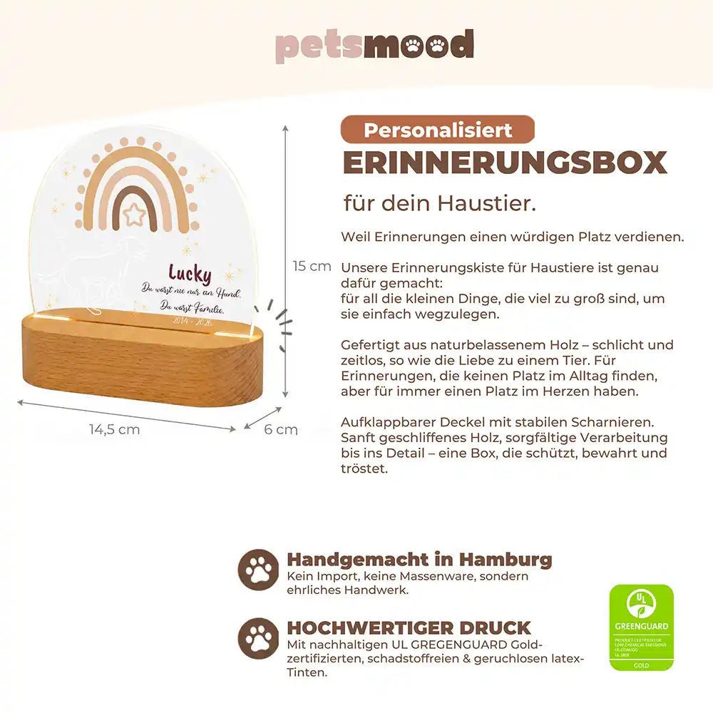 Personalisiertes Nachtlicht Haustier Andenken Boho-Regenbogen & fliegender Engel – Detail Buchenholz-Sockel