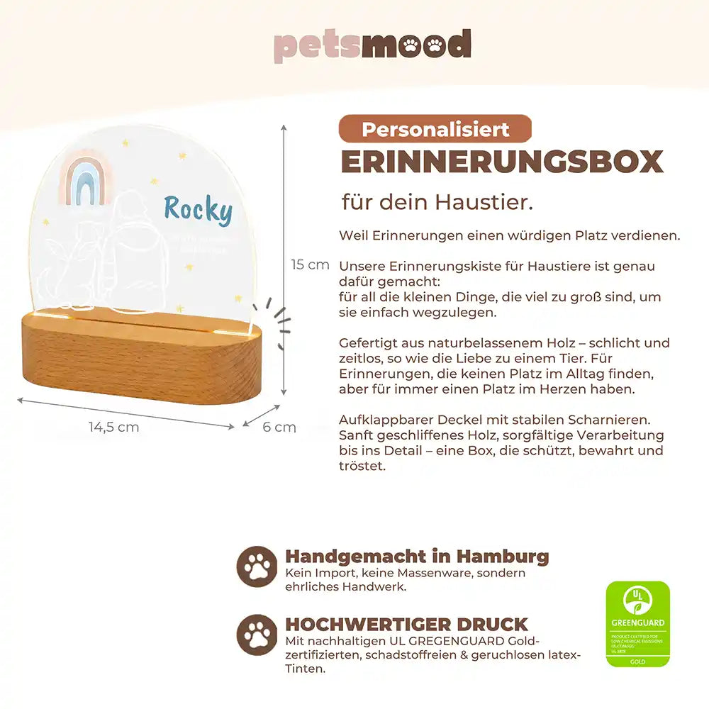 Personalisiertes Nachtlicht Haustier Andenken Person mit Engel-Tier am Regenbogen – Detail Buchenholz-Sockel