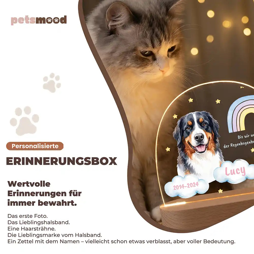 Personalisiertes Nachtlicht Haustier Andenken Pastell-Regenbogen mit Wolken-Namen – Detail Lichtfarben