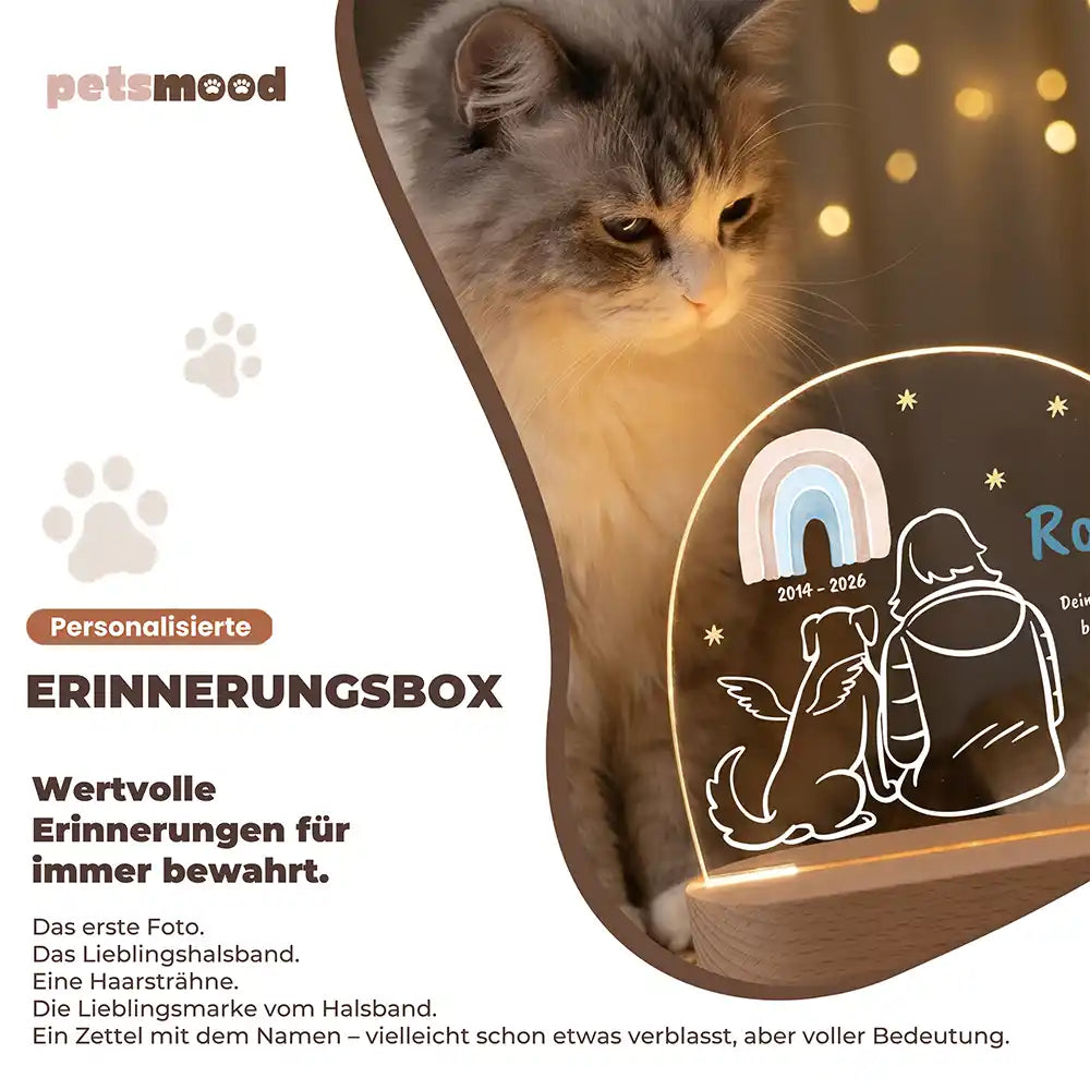 Personalisiertes Nachtlicht Haustier Andenken Person mit Engel-Tier am Regenbogen – Detail Lichtfarben