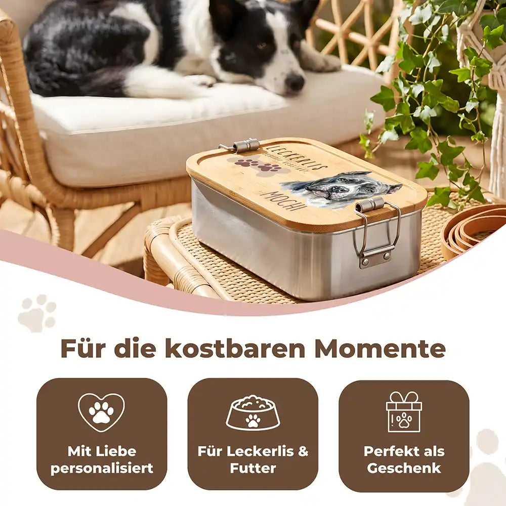 Personalisierte Leckerlidose Hund Pfötchen-Akzent klassisch – Detail Aquarell-Druck