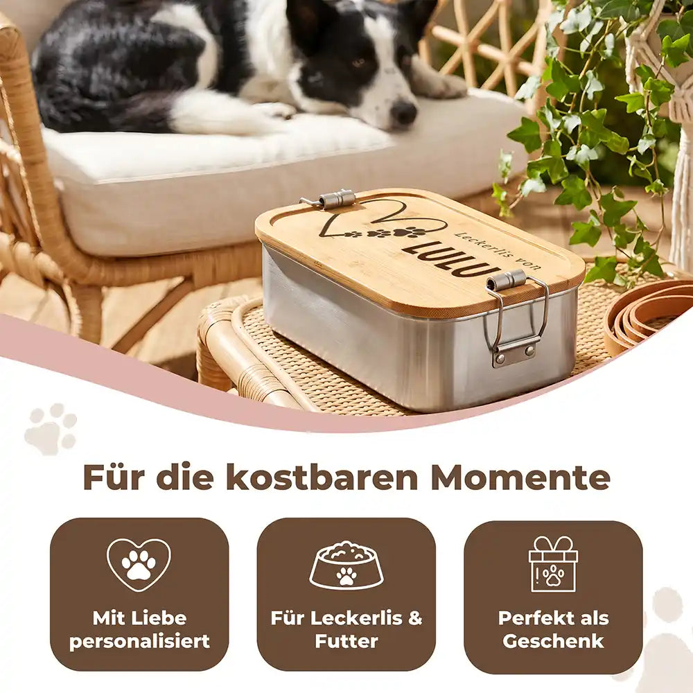 Personalisierte Leckerlidose Hund Herz mit Pfötchen pink – Detail Aquarell-Druck
