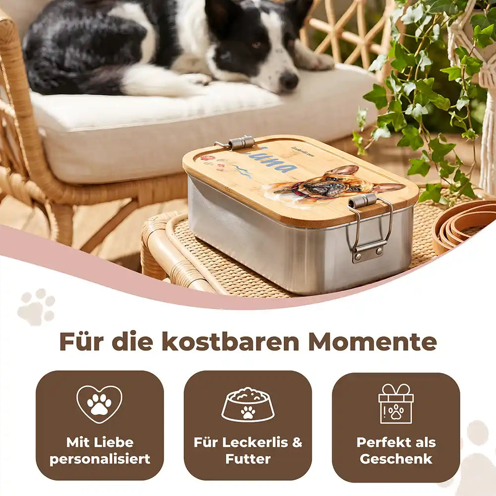 Personalisierte Leckerlidose Hund Strand & Muscheln – Detail Aquarell-Druck
