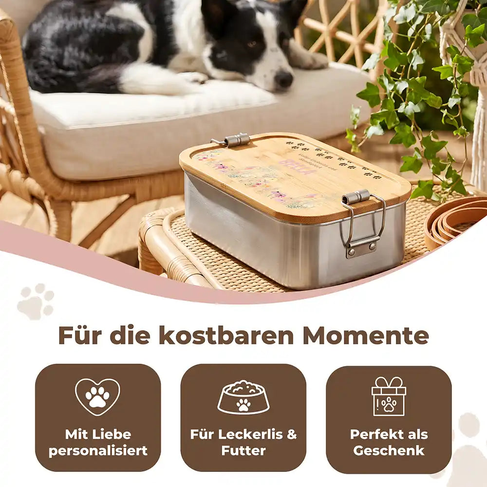 Personalisierte Leckerlidose Hund Wildblumen-Bordüre zart – Detail Aquarell-Druck