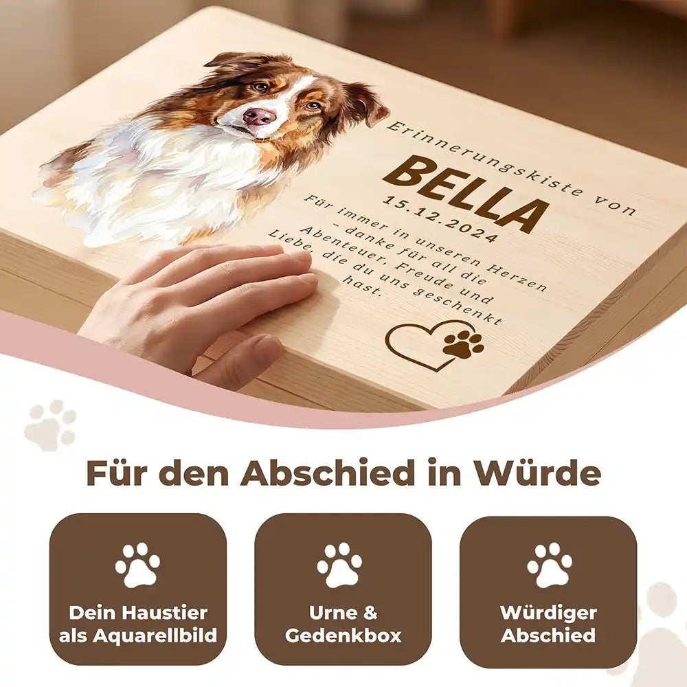 Tierurne Hund Holz – Aquarell-Porträt mit Herz & Pfote, Für den Abschied in Würde