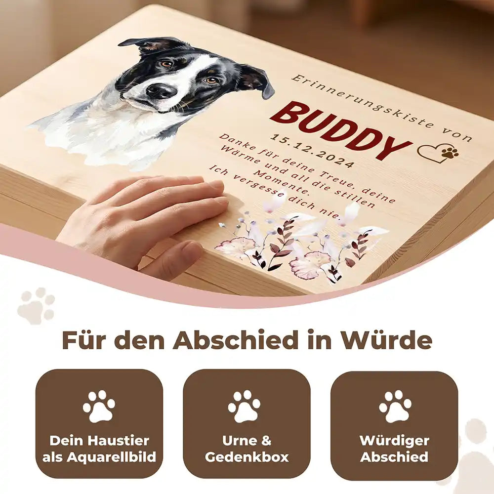 Tierurne Hund Holz – Aquarell-Porträt mit Blütenrahmen, Für den Abschied in Würde