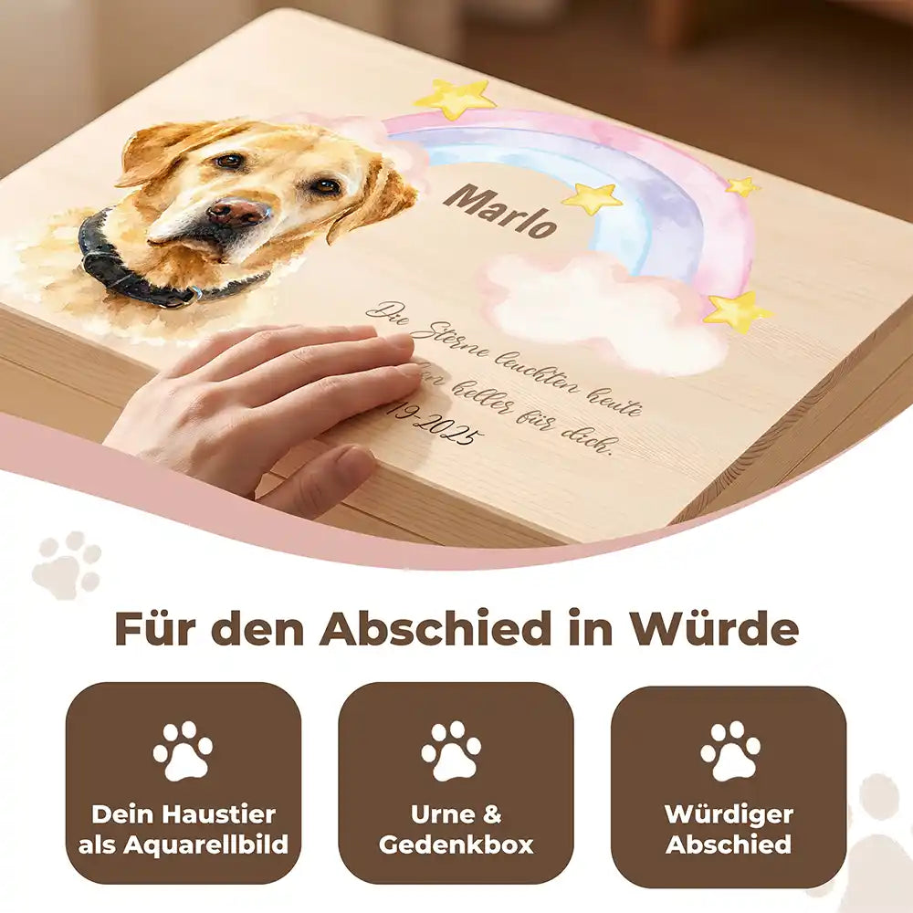 Tierurne Hund Holz – Aquarell-Porträt mit Sternenregenbogen, Für den Abschied in Würde