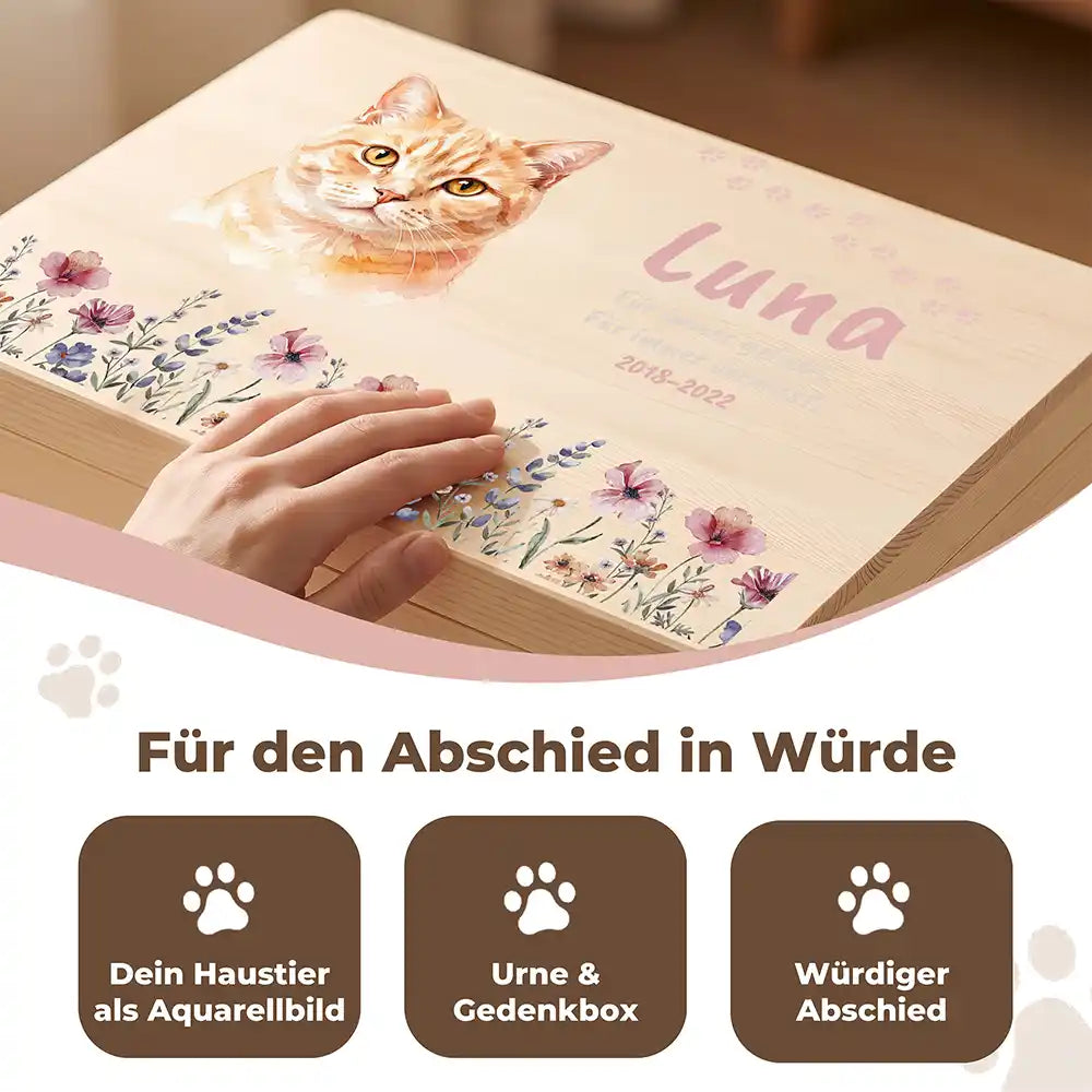 Tierurne Katze Holz – Aquarell-Porträt Katze mit Wildblumen, Für den Abschied in Würde