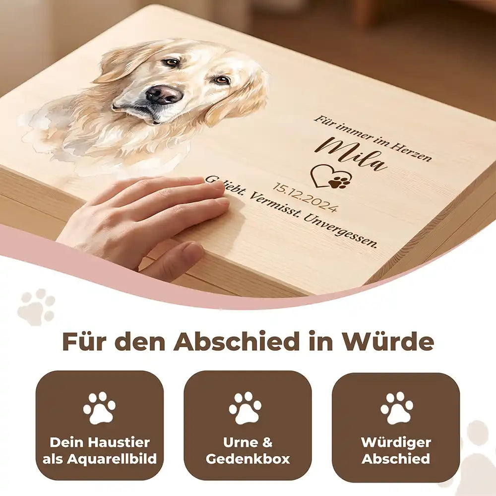 Tierurne Hund Holz – Aquarell-Porträt mit Herzwidmung, Für den Abschied in Würde