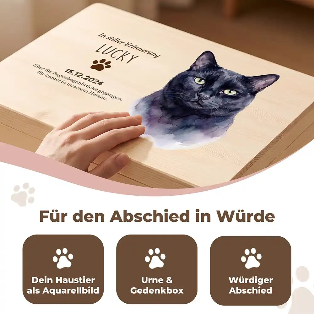Tierurne Katze Holz – Aquarell-Porträt Katze mit Pfotenwidmung, Für den Abschied in Würde