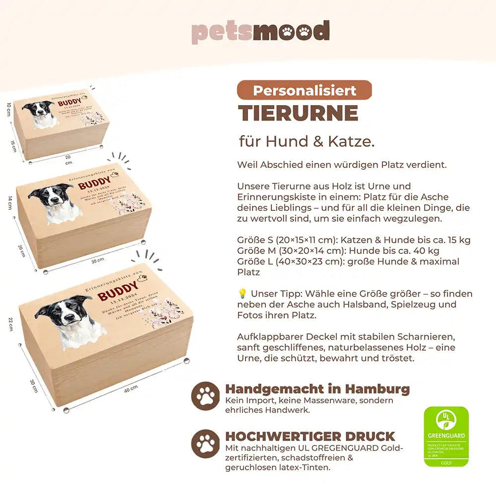 Tierurne Hund Holz – Aquarell-Porträt mit Blütenrahmen, Größenübersicht