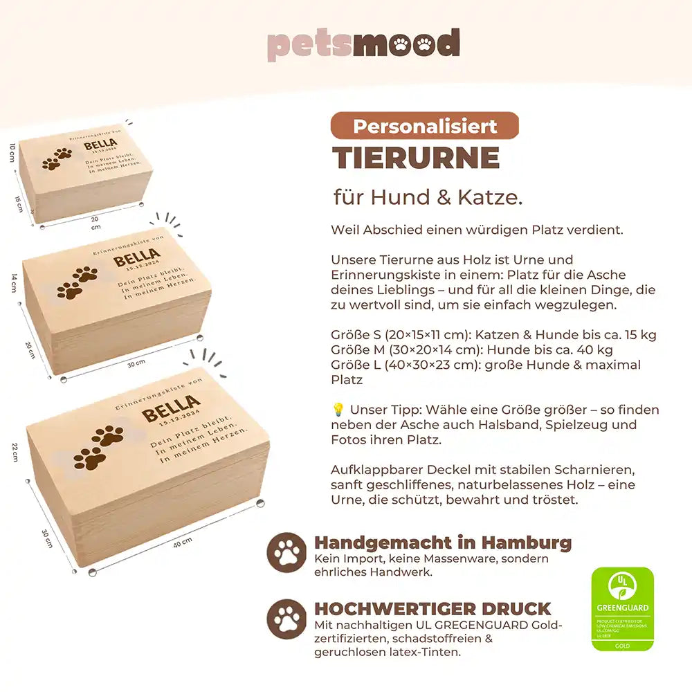 Tierurne Hund Holz – Knochen mit Pfötchen, Größenübersicht