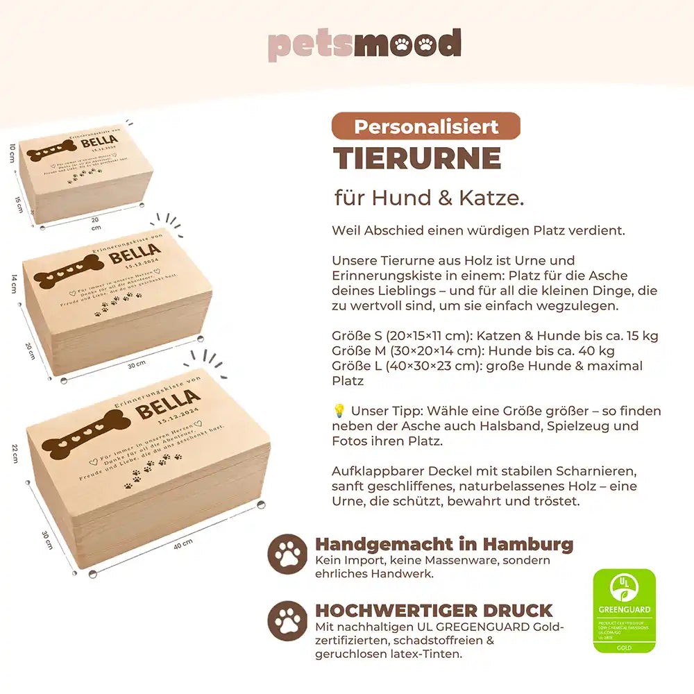 Tierurne Hund Holz – Knochen mit Herzen, Größenübersicht