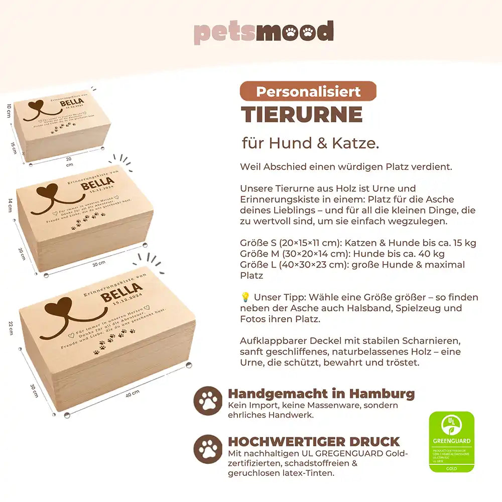 Tierurne Holz – Herz mit Schweifen, Größenübersicht