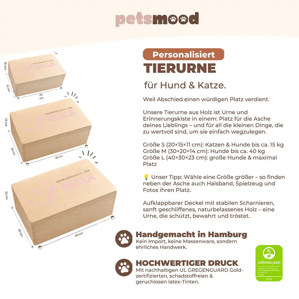 Tierurne Holz – Herzlinie Rosé mit Pfotenspur, Größenübersicht