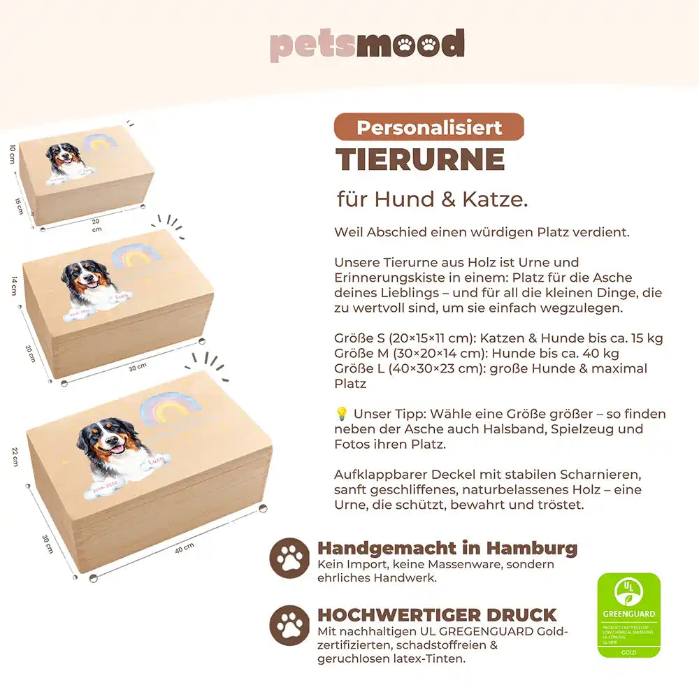 Tierurne Hund Holz – Aquarell-Porträt mit Regenbogenbrücke, Größenübersicht