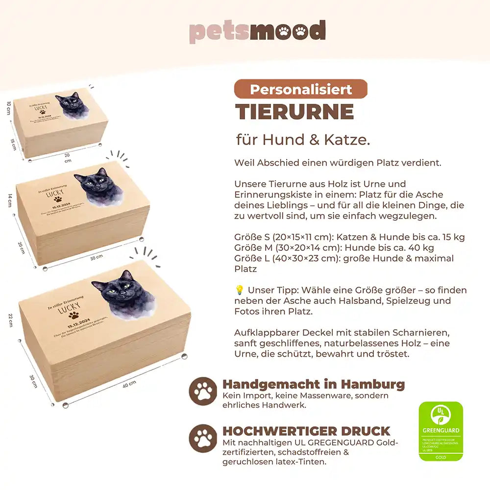 Tierurne Katze Holz – Aquarell-Porträt Katze mit Pfotenwidmung, Größenübersicht
