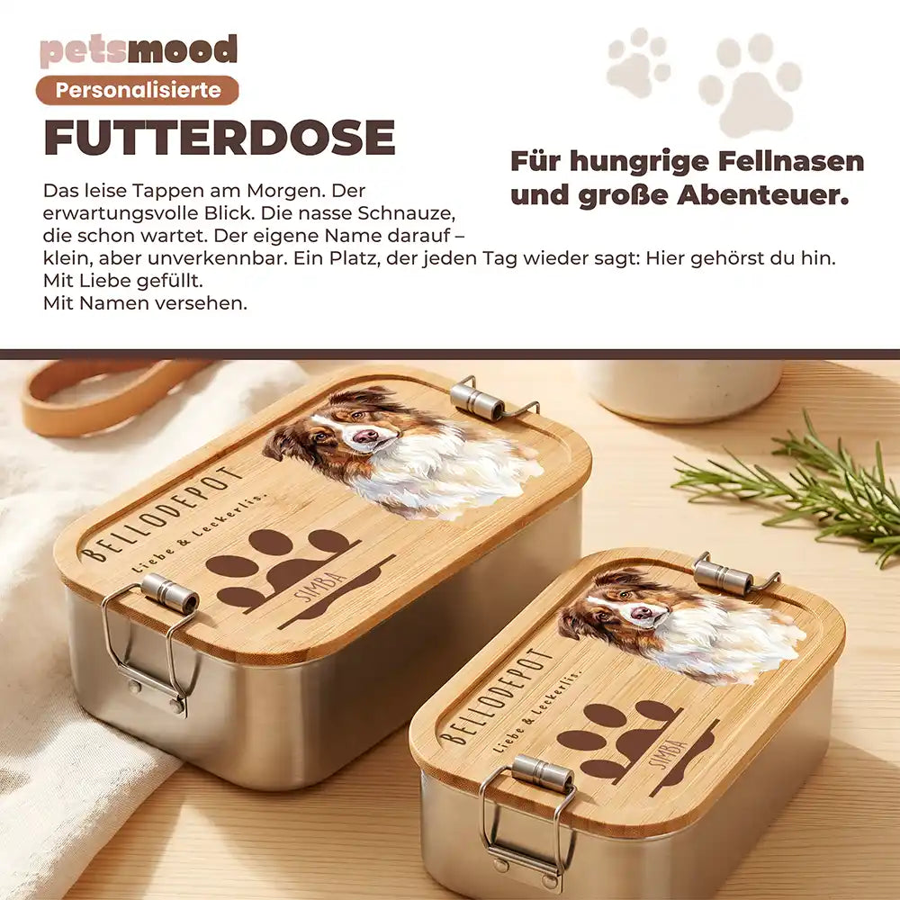 Personalisierte Leckerlidose Hund Bellodepot mit Pfoten-Trio – Detail Verschluss & Naht