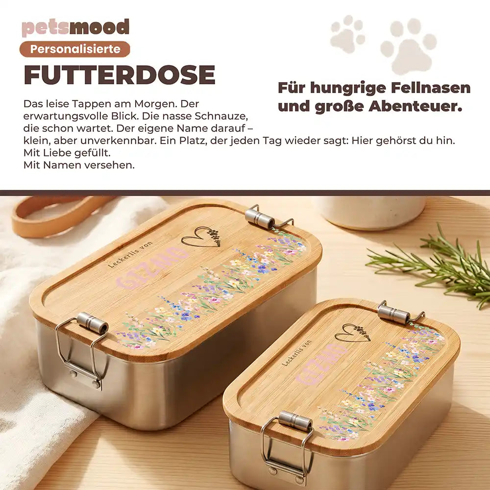 Personalisierte Leckerlidose Hund Wildblumen mit Herz-Pfote – Detail Verschluss & Naht