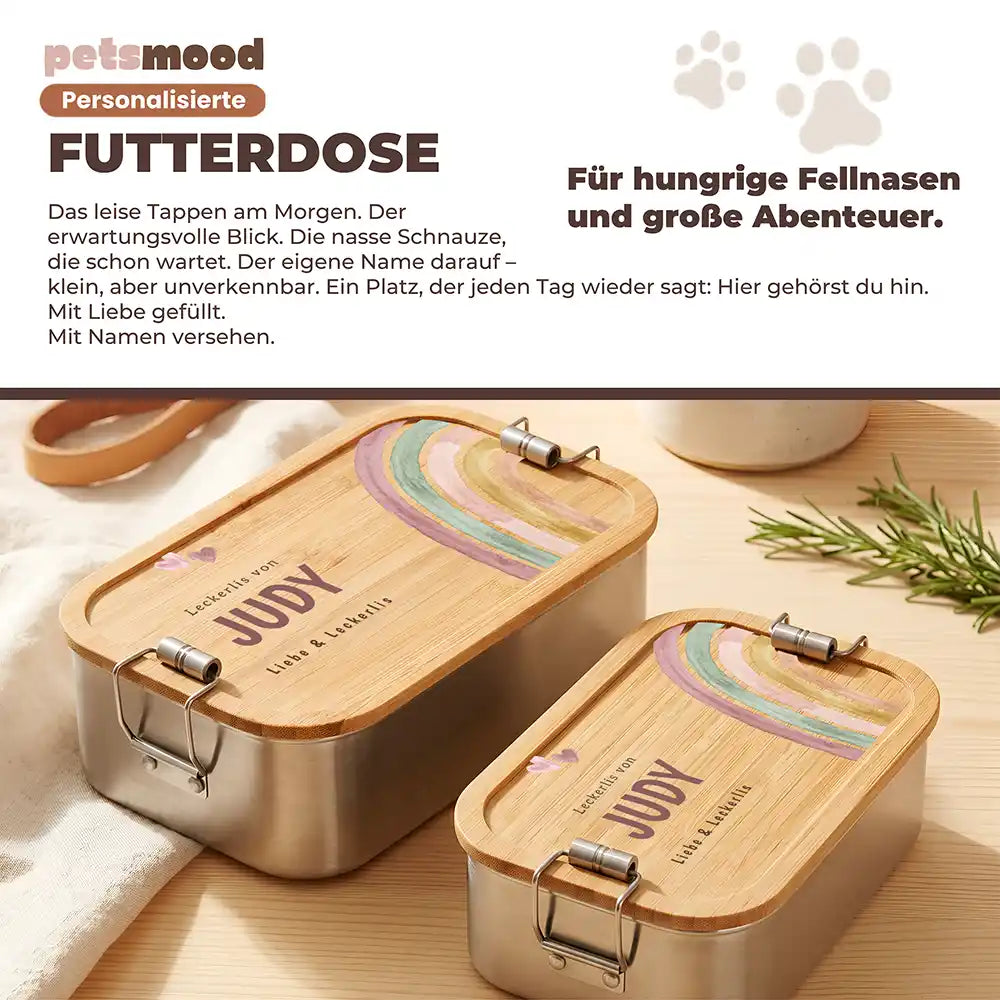 Personalisierte Leckerlidose Hund & Katze Regenbogen pastell (universal) – Detail Verschluss & Naht