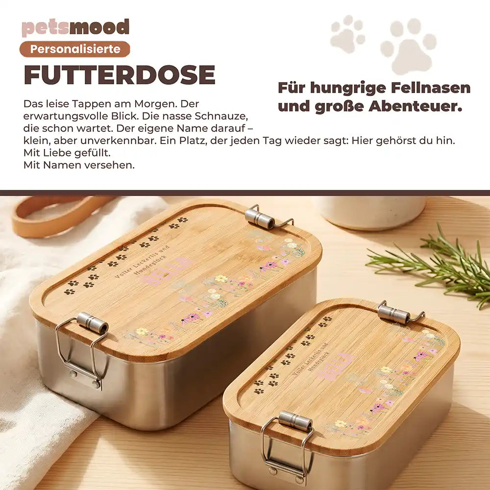Personalisierte Leckerlidose Hund Wildblumen-Bordüre zart – Detail Verschluss & Naht