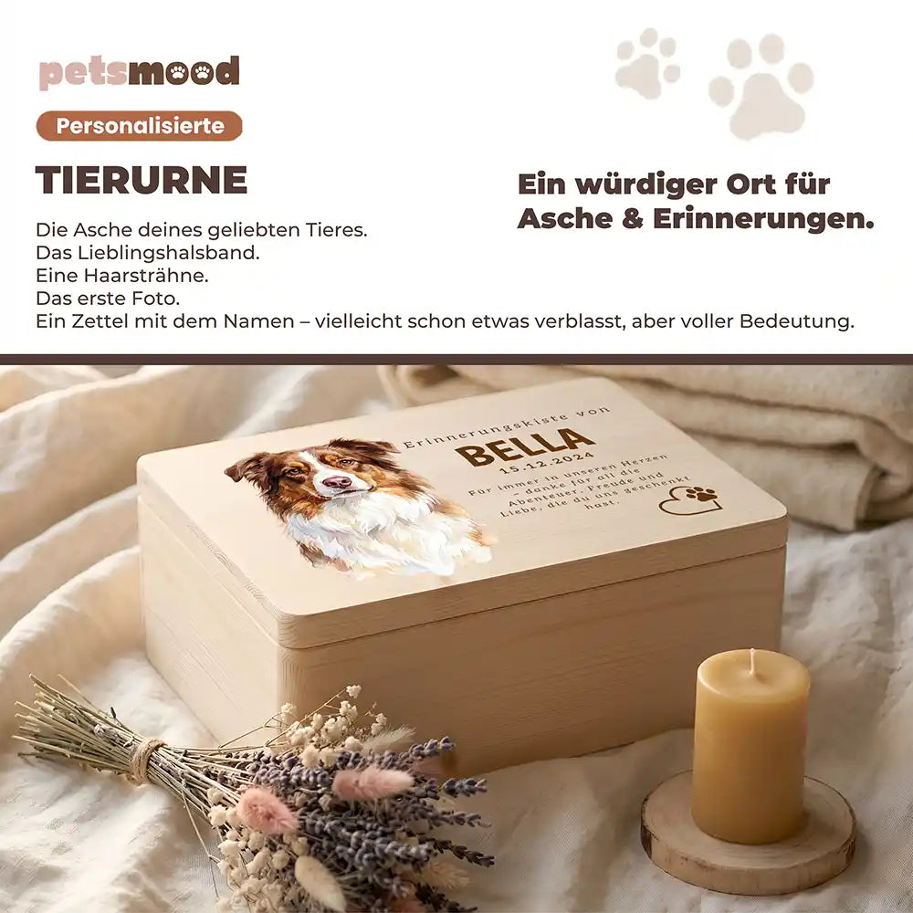 Tierurne Hund Holz – Aquarell-Porträt mit Herz & Pfote, Platz für Asche und Erinnerungen