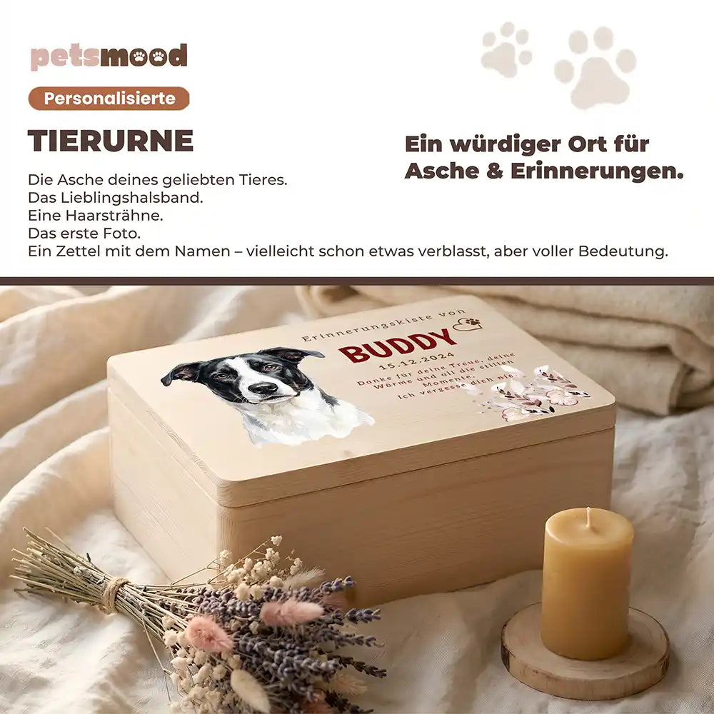 Tierurne Hund Holz – Aquarell-Porträt mit Blütenrahmen, Platz für Asche und Erinnerungen