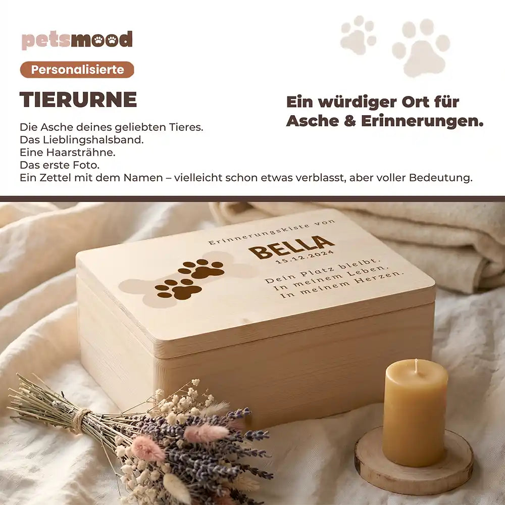 Tierurne Hund Holz – Knochen mit Pfötchen, Platz für Asche und Erinnerungen