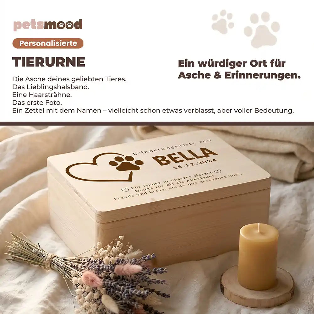 Tierurne Holz – Herz mit Pfote, Platz für Asche und Erinnerungen