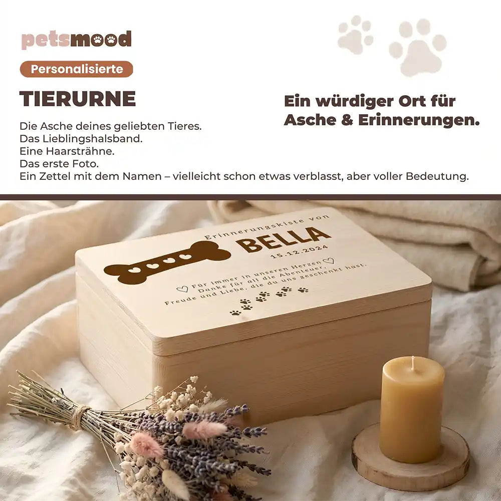 Tierurne Hund Holz – Knochen mit Herzen, Platz für Asche und Erinnerungen