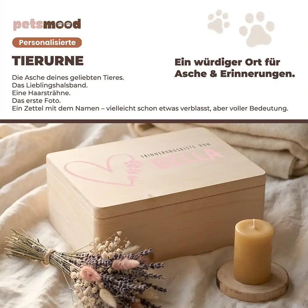 Tierurne Holz – Herzlinie Rosé mit Pfotenspur, Platz für Asche und Erinnerungen