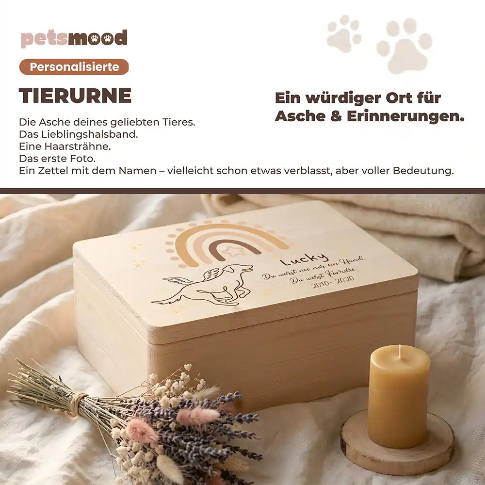 Tierurne Hund Holz – Boho-Regenbogen mit Engelshund, Platz für Asche und Erinnerungen