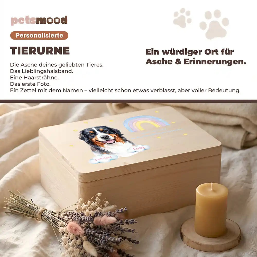 Tierurne Hund Holz – Aquarell-Porträt mit Regenbogenbrücke, Platz für Asche und Erinnerungen