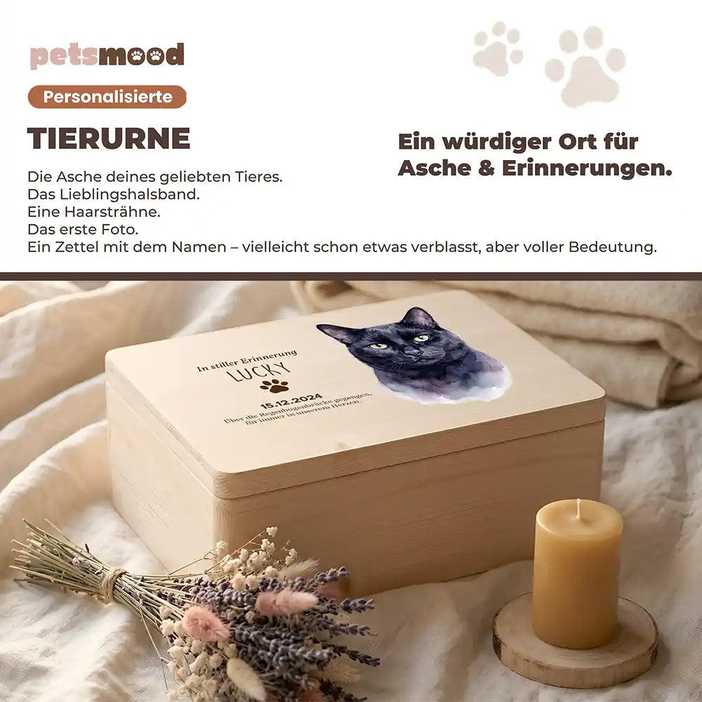Tierurne Katze Holz – Aquarell-Porträt Katze mit Pfotenwidmung, Platz für Asche und Erinnerungen
