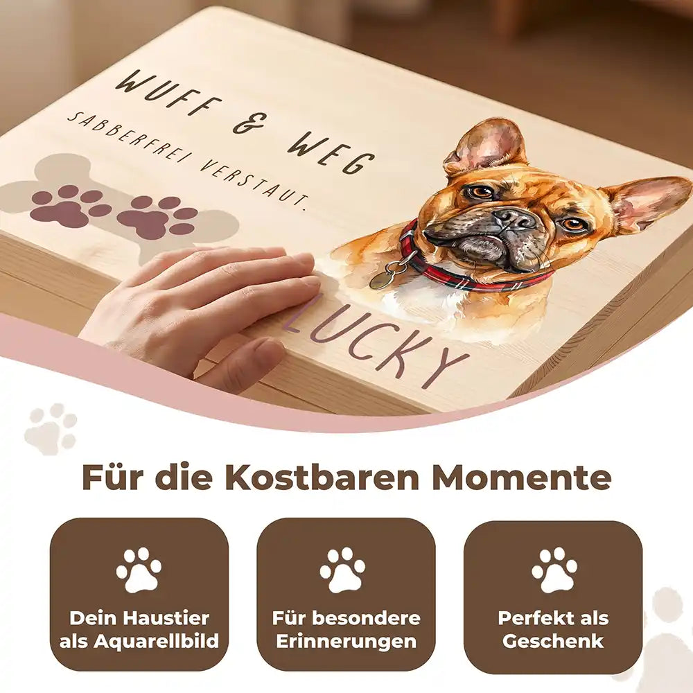 Personalisierte Aufbewahrungskiste Hund Wuff & Weg (Variante) – Detail Handarbeit