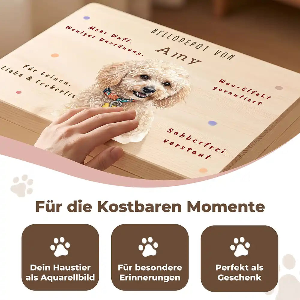 Personalisierte Aufbewahrungskiste Hund Bellodepot mit Konfetti – Detail Handarbeit