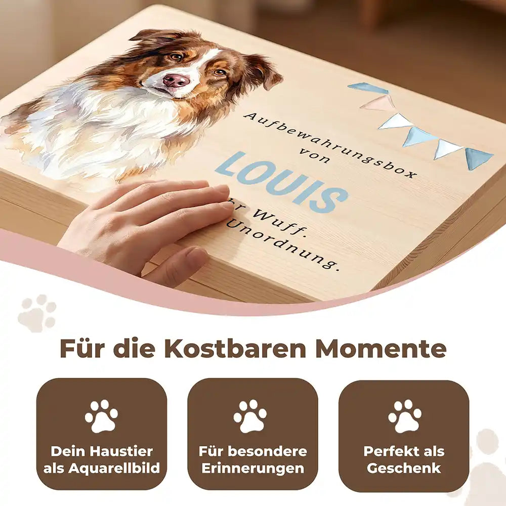 Personalisierte Aufbewahrungskiste Hund Wimpelkette blau – Detail Handarbeit