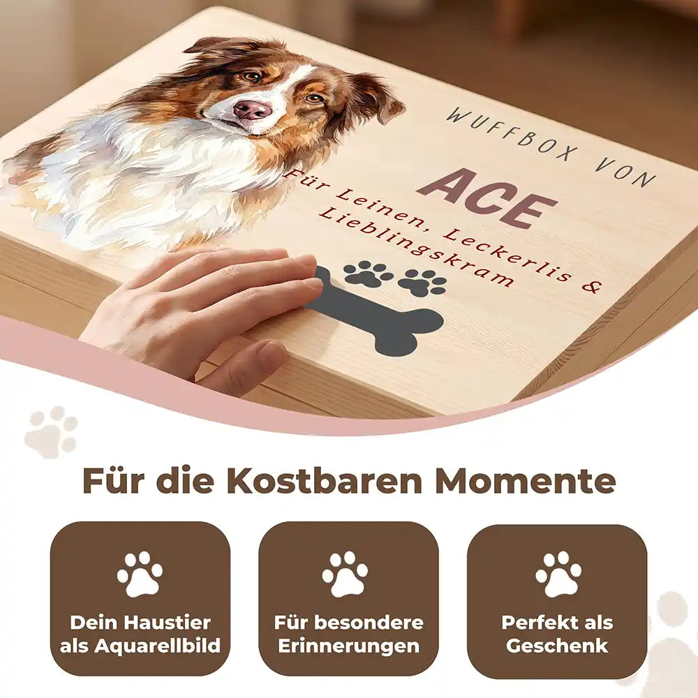 Personalisierte Aufbewahrungskiste Hund Wuffbox mit Knochen-Pfote – Detail Handarbeit