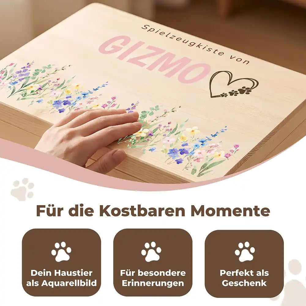 Personalisierte Spielzeugkiste Hund Wildblumen mit Herz-Pfote – Detail Handarbeit