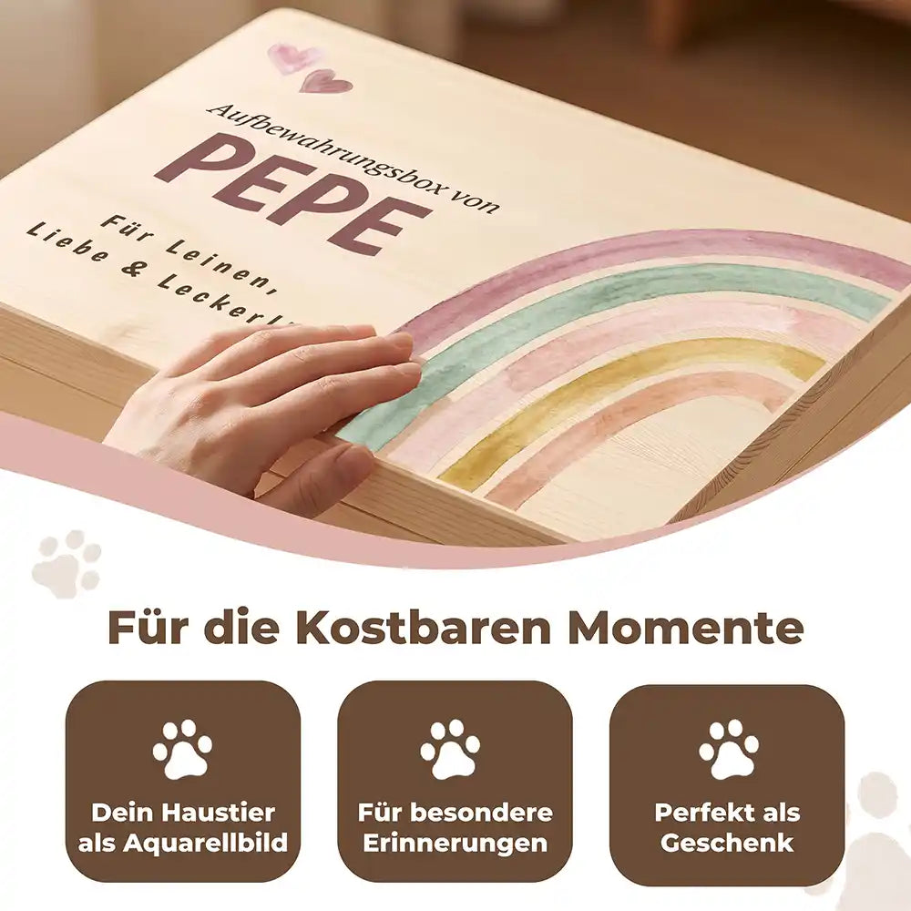 Personalisierte Aufbewahrungskiste Hund & Katze Regenbogen pastell (universal) – Detail Handarbeit