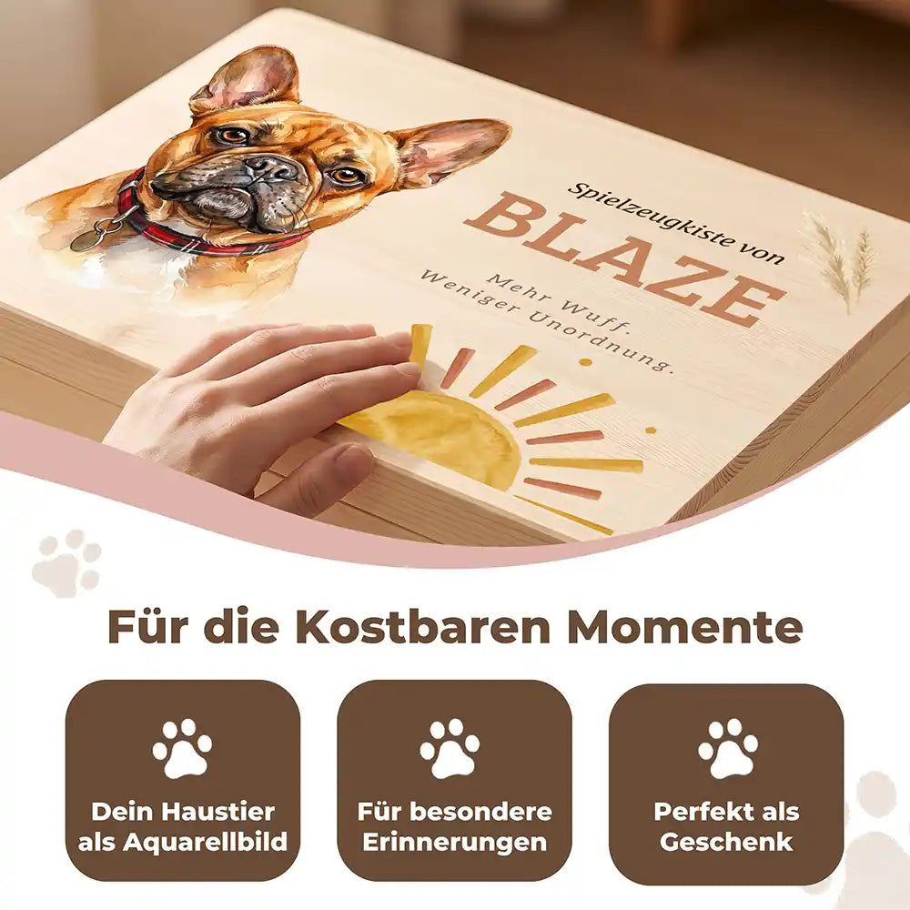 Personalisierte Spielzeugkiste Hund Sonnenaufgang Boho – Detail Handarbeit