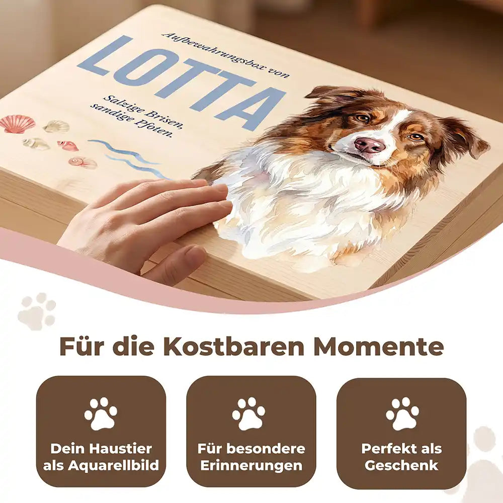 Personalisierte Aufbewahrungskiste Hund Strand & Muscheln – Detail Handarbeit