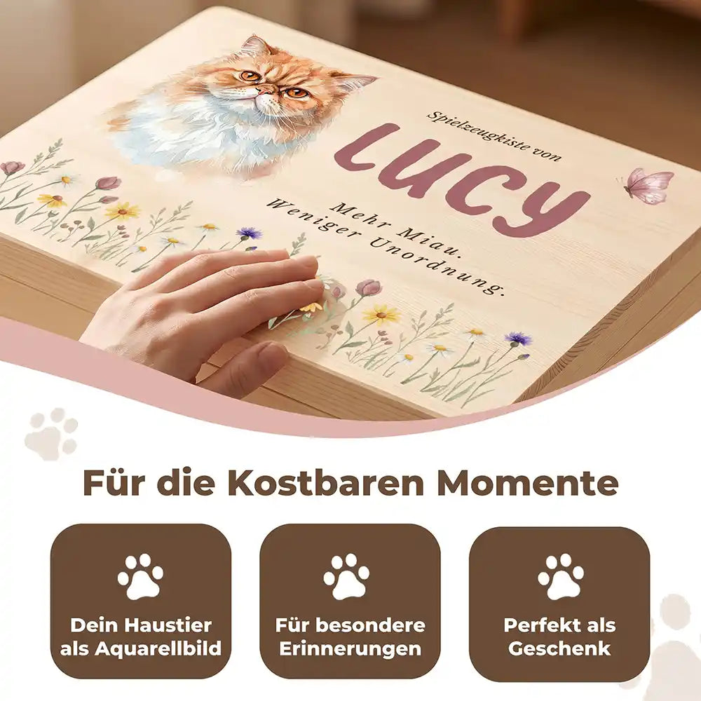 Personalisierte Spielzeugkiste Katze Wildblumen Sommerwiese – Detail Handarbeit