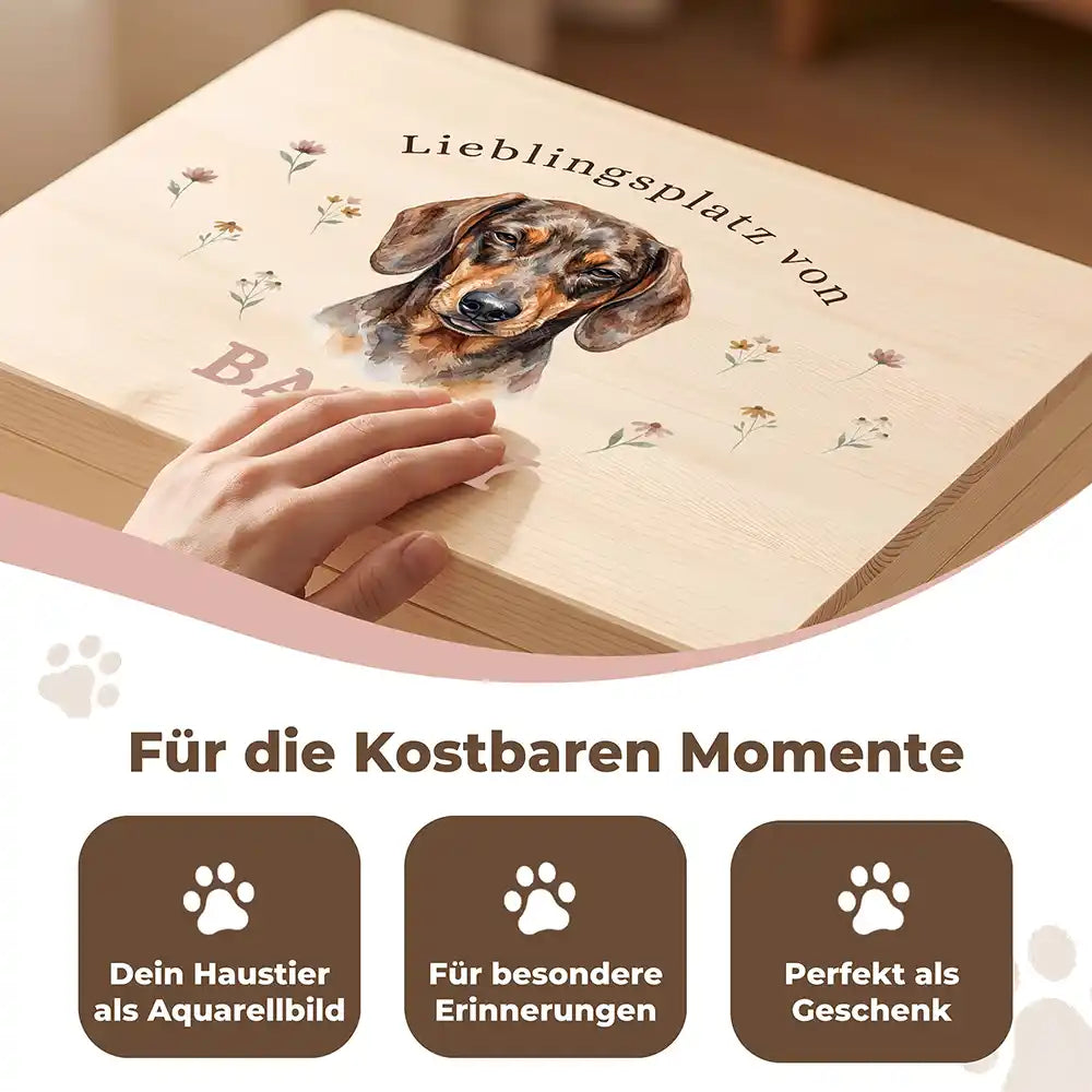 Personalisierte Aufbewahrungskiste Hund Lieblingsplatz Wildblumen – Detail Handarbeit