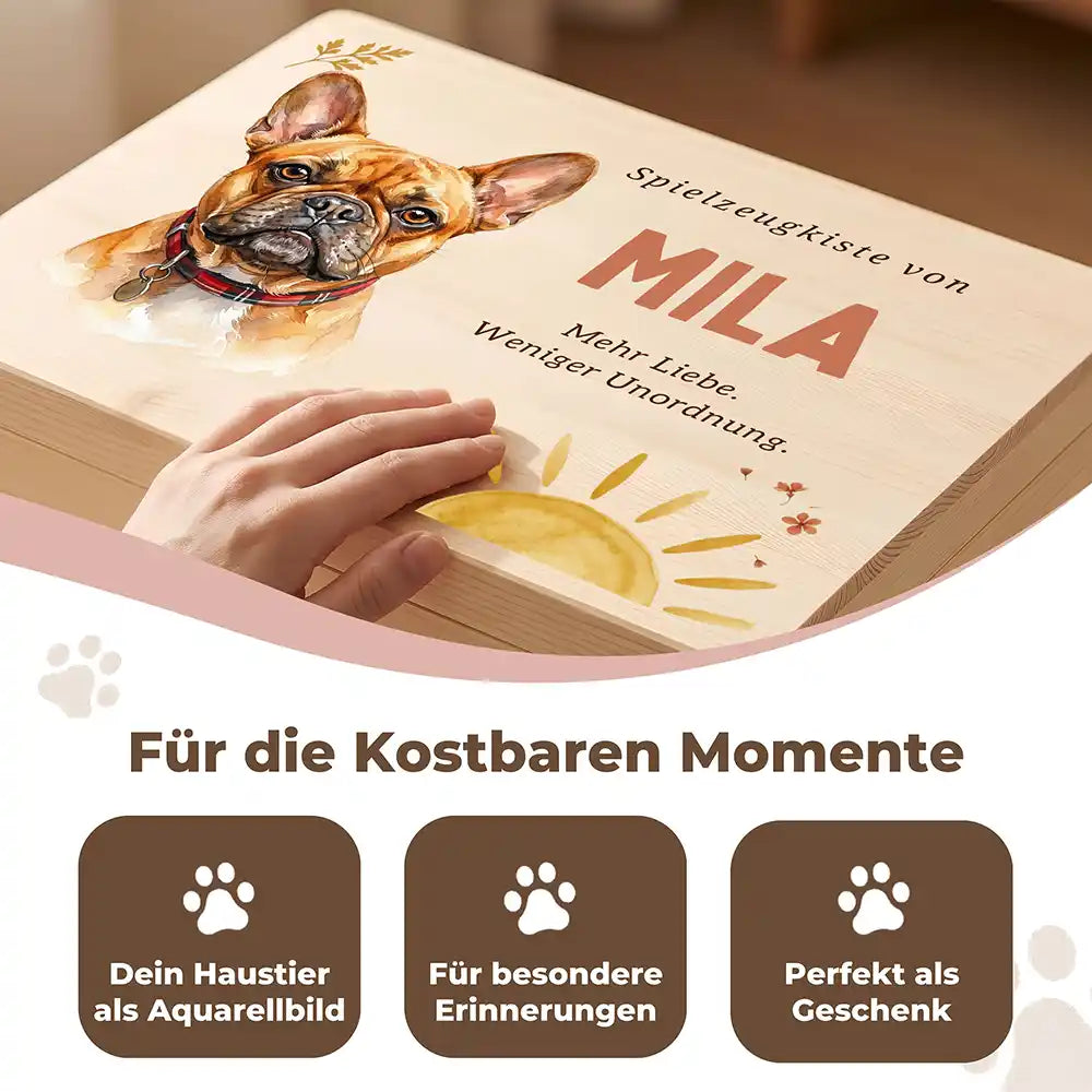 Personalisierte Spielzeugkiste Hund Sonne mit Streublumen – Detail Handarbeit