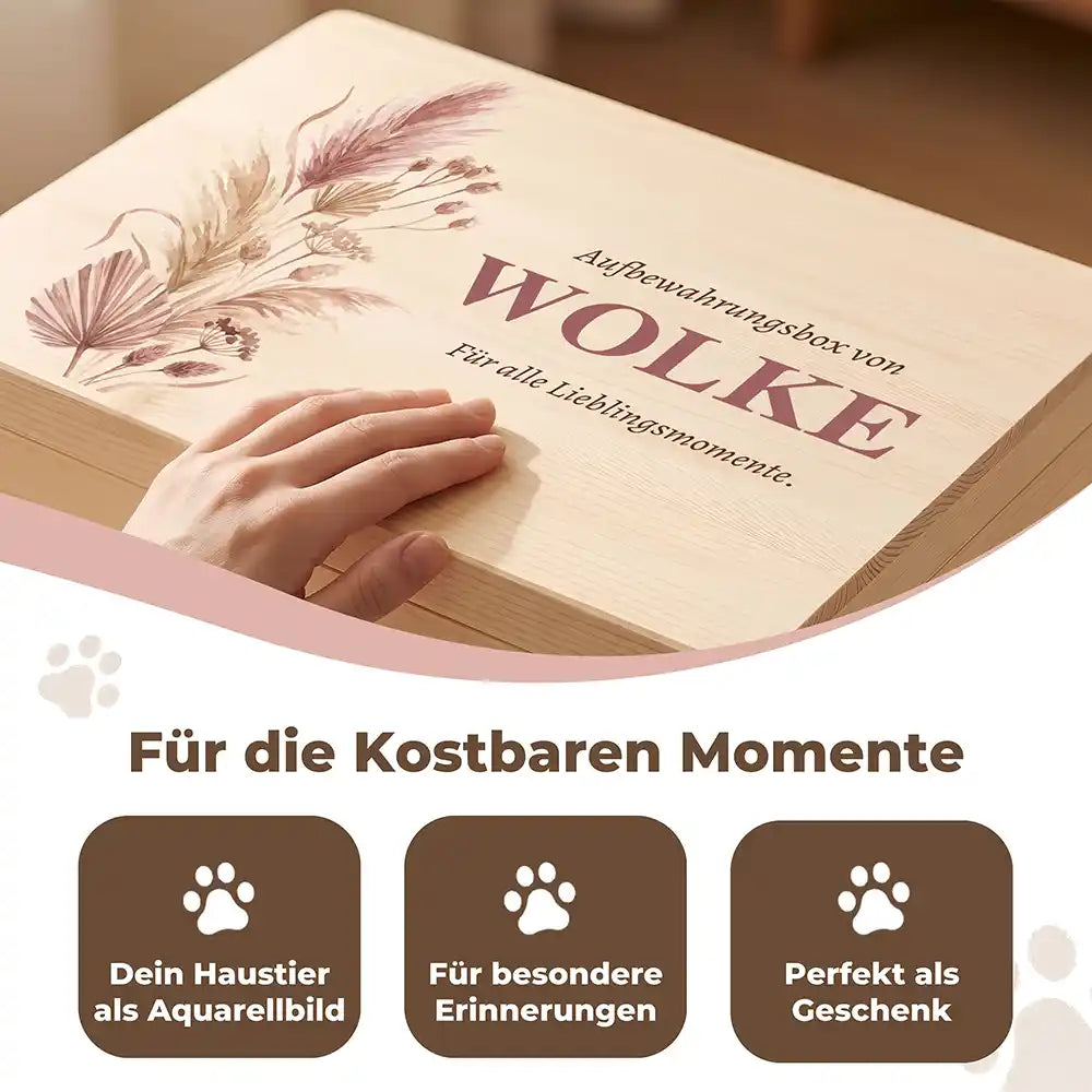 Personalisierte Aufbewahrungskiste Hund & Katze Pampagras Boho – Detail Handarbeit
