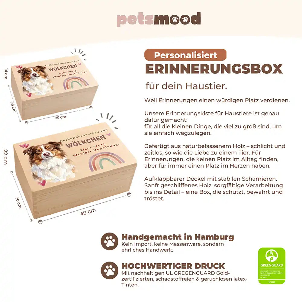 Personalisierte Aufbewahrungskiste Hund Regenbogen mit Herzen – Detail Verarbeitung