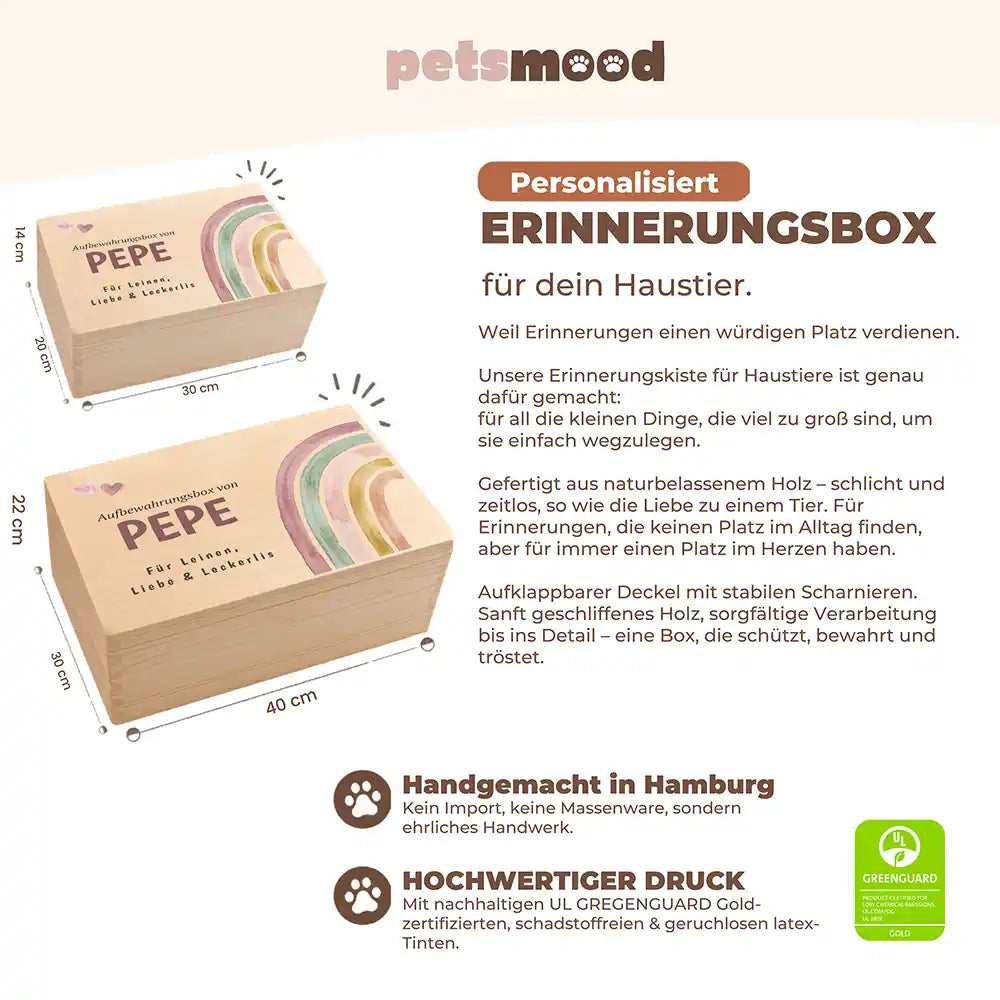 Personalisierte Aufbewahrungskiste Hund & Katze Regenbogen pastell (universal) – Detail Verarbeitung
