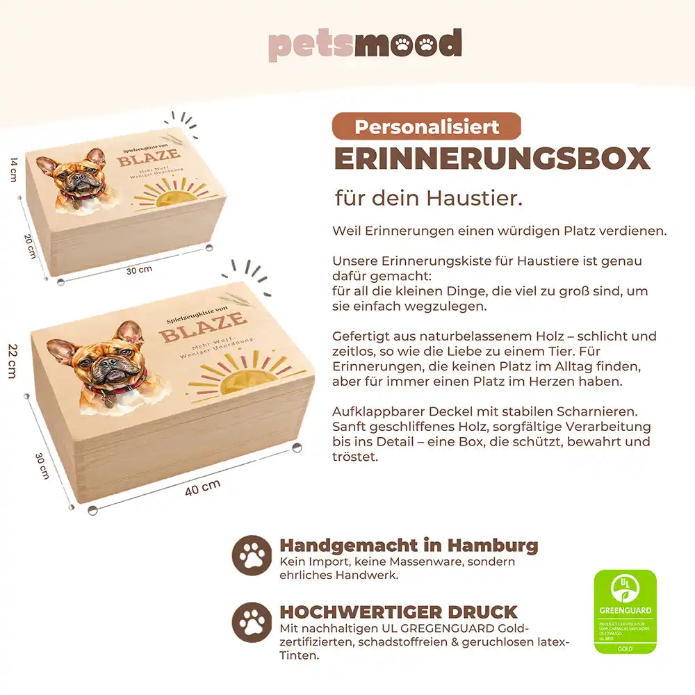 Personalisierte Spielzeugkiste Hund Sonnenaufgang Boho – Detail Verarbeitung