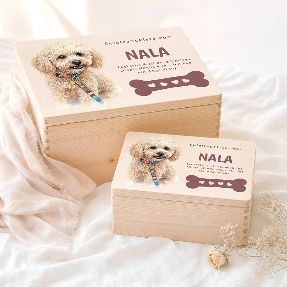 Personalisierte Spielzeugkiste Hund Knochen mit Herzen – Etsy Hauptbild Hero mit Bullie / American Staffordshire Variante 3